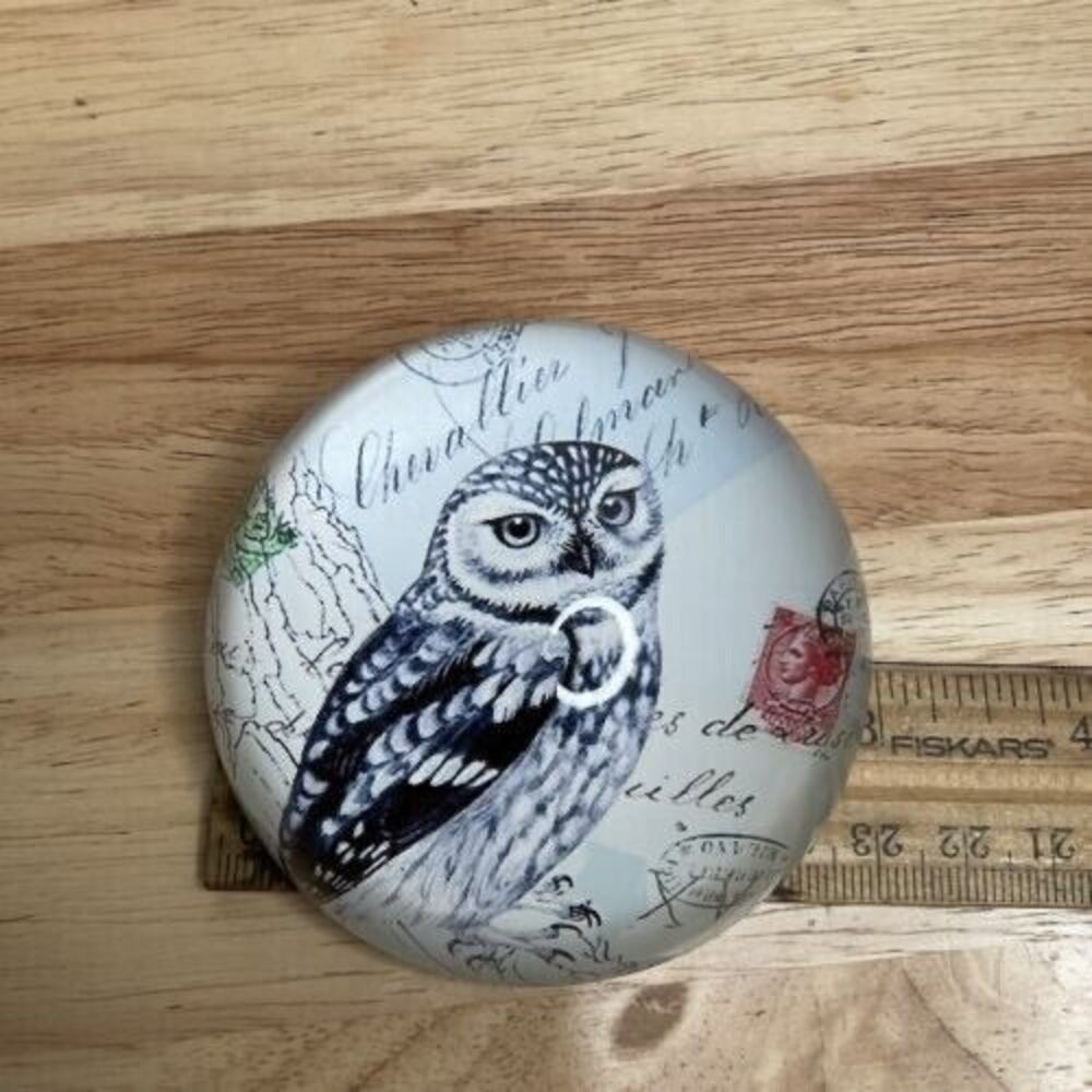 Vintage Art Glass Owl Print Living Wisdom Dome Round Paperweight 1.3"X3"